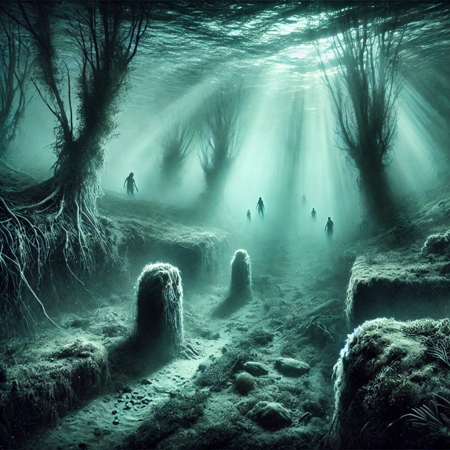 A mystical underwater landscape depicting the lost land of Doggerland. The image shows a submerged ancient forest with trees stretching towards the waves. Witchy Wednesday: The Lost Land of Doggerland at SpookyMrsGreen spooky family lifestyle blog.