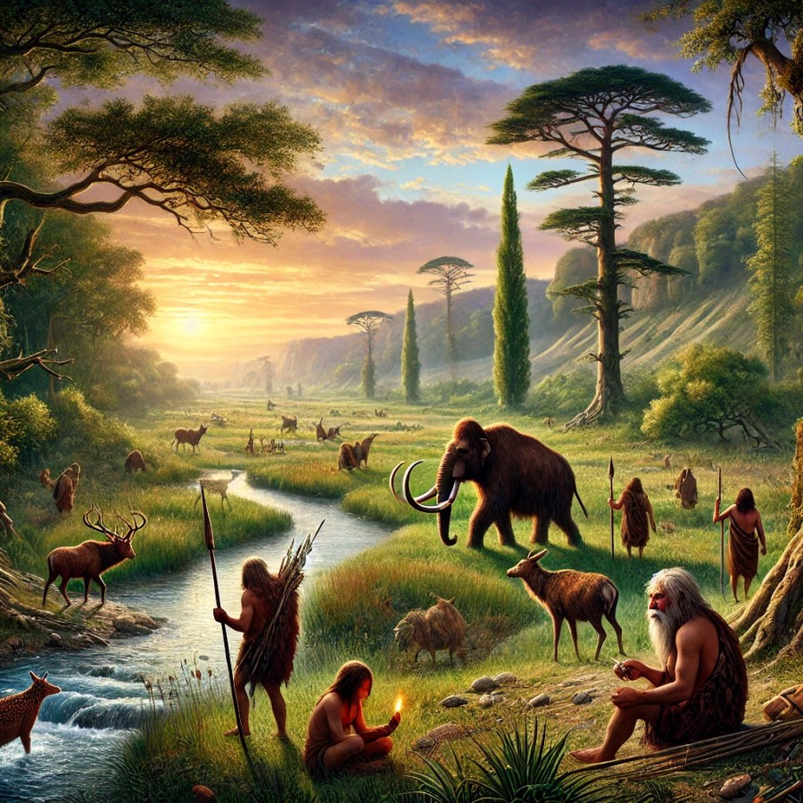 A vivid depiction of ancient Doggerland, a prehistoric land that once connected Britain to Europe. The landscape features lush forests, wide rivers and tall trees surrounded by cliffs where the North Sea now flows. Witchy Wednesday: The Lost Land of Doggerland at SpookyMrsGreen spooky family lifestyle blog.