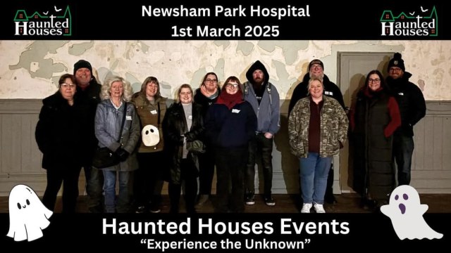 Image of a group of paranormal investigators at Newsham Park Haunted Hospital in Liverpool England. Ghost Hunt with Haunted Houses Events.