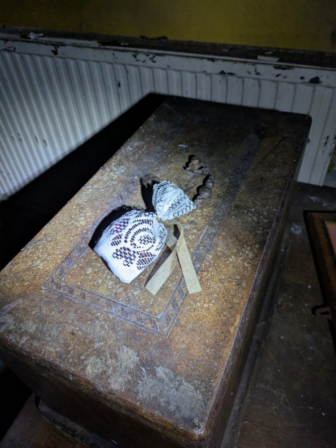 Image of a derelict hospital room at Newsham Park Haunted Hospital Ghost Hunt witch charm poppet cursed object haunted object.