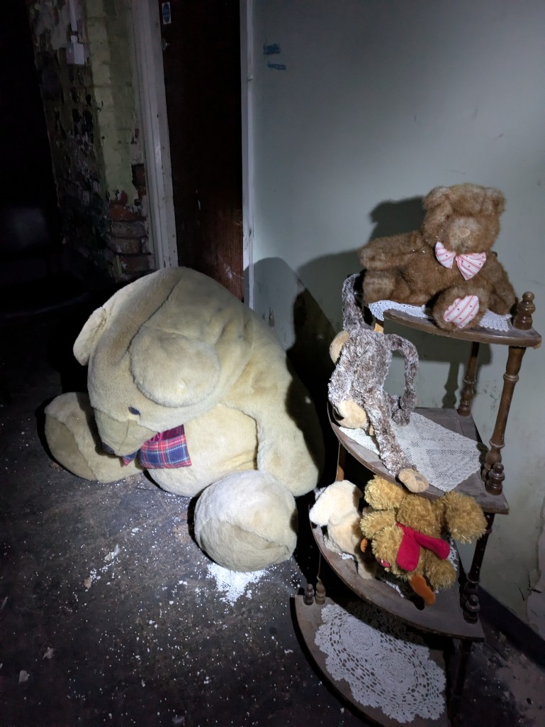 Images of teddy bears plush toys haunted dolls at Newsham Park Haunted Hospital Ghost Hunt teddy bears dolls spooky haunted objects. Victorian orphanage.