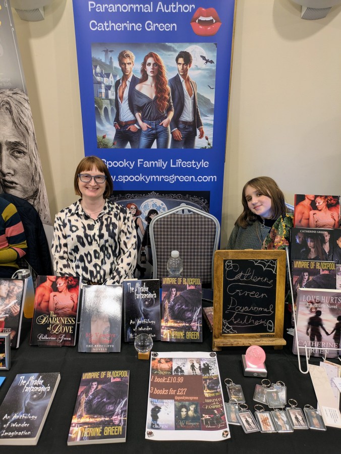 Photo of paranormal author Catherine Green at the Book Extravaganza in Market Harborough. SpookyMrsGreen spooky family lifestyle blog.