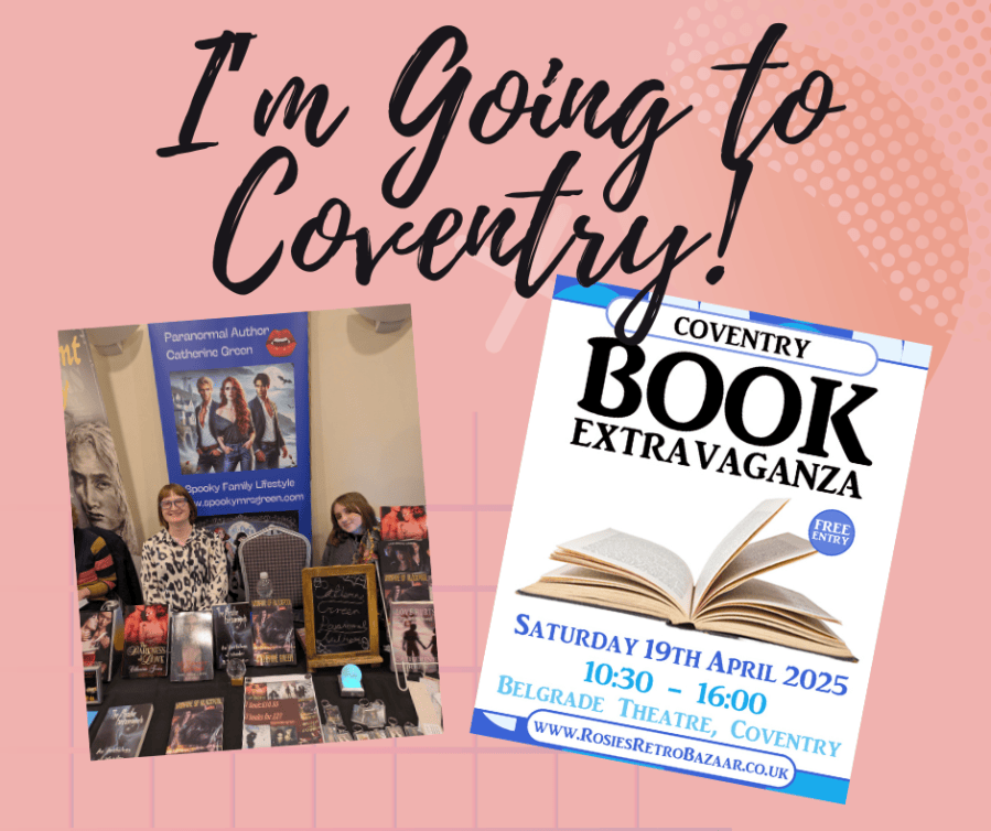 Coventry Book Extravaganza book signing alert featuring British paranormal author Catherine Green, vampire writer of urban fantasy books and werewolf fiction. Redcliffe Novels paranormal menage series set in Cornwall, England. Polyamory romantasy adventures and vampire hunter quests.