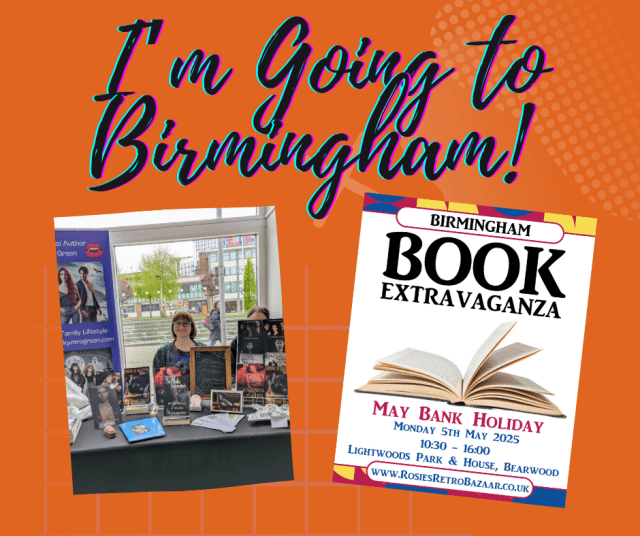 Birmingham Book Extravaganza book signing alert featuring British paranormal author Catherine Green, vampire writer of urban fantasy books and werewolf fiction. Redcliffe Novels paranormal menage series set in Cornwall, England. Polyamory romantasy adventures, sapphic fiction and vampire hunter quests.