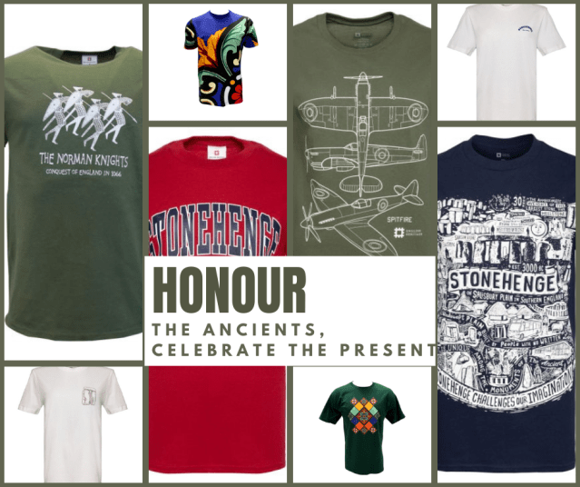 Photo collage of trending T-Shirts from English Heritage Shop affiliated with SpookyMrsGreen spooky family lifestyle blog. Spitfire T-Shirt, Stonehenge T-Shirt, Norman Conquest T-Shirt, stained glass print T-Shirt.
