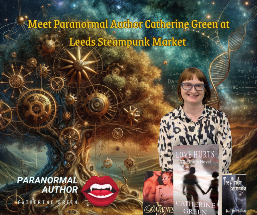 Meet Paranormal Author Catherine Green at Leeds Steampunk Market in Calderdale Industrial Museum in Halifax shared by SpookyMrsGreen spooky family lifestyle blog. Steampunk image with a tree, cogs, compass, spirals and old writing formulae.