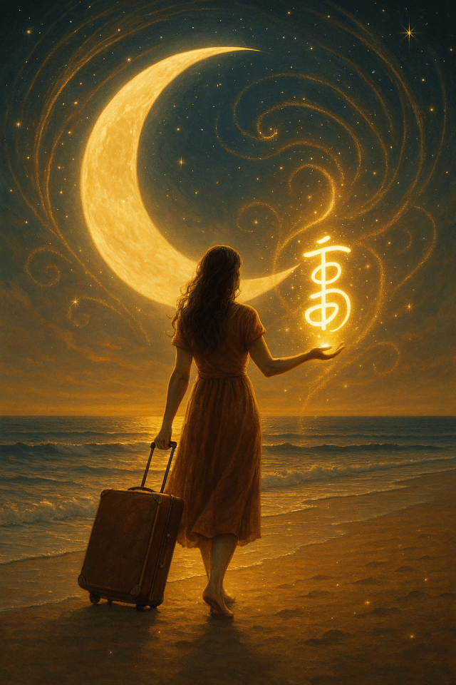 Mystical image of a woman walking along a beach with a suitcase wearing a summer dress and holding the Reiki power symbol Cho Ku Rei in her hand at SpookyMrsGreen spooky family lifestyle blog.