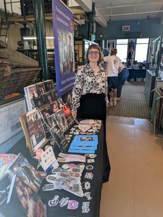 Photo of paranormal author Catherine Green at Leeds Steampunk Market in Halifax. SpookyMrsGreen spooky family lifestyle blog. Image of paranormal romance books, urban fantasy books, British vampires and werewolves.