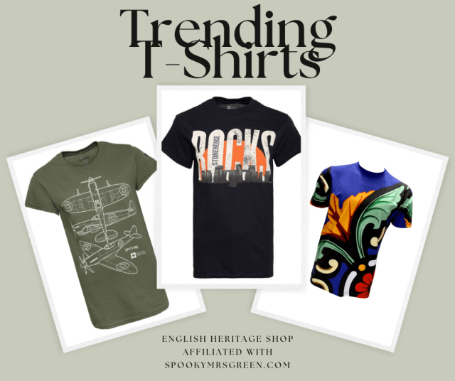 Photo collage of trending T-Shirts from English Heritage Shop affiliated with SpookyMrsGreen spooky family lifestyle blog. Spitfire T-Shirt, Stonehenge T-Shirt, Norman Conquest T-Shirt, stained glass print T-Shirt.