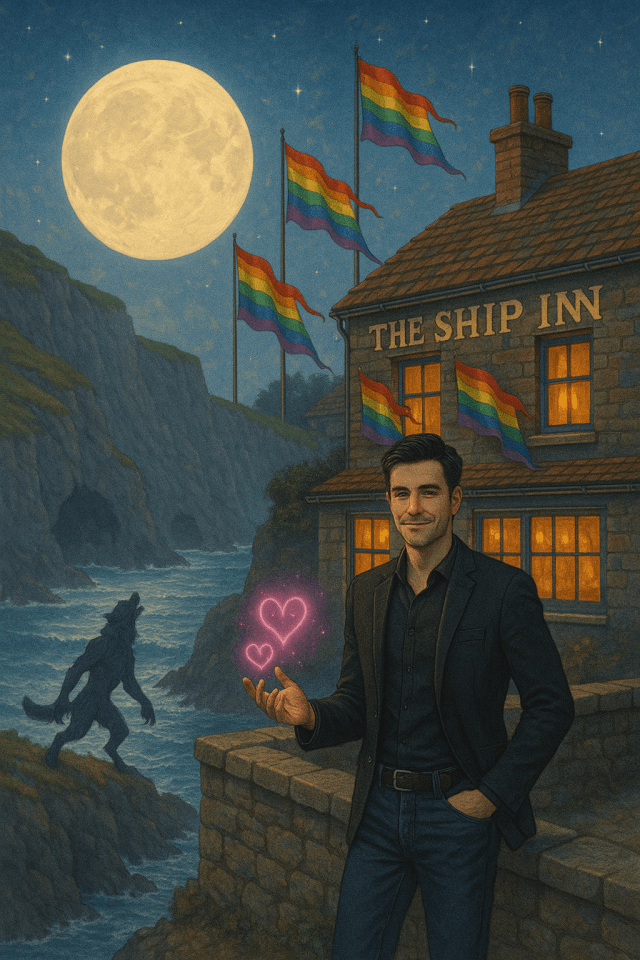 Image of a vampire smiling as he holds hearts in his hand, a werewolf howling behind him and an English pub called The Ship Inn flying rainbow flags for Pride Month. Celebrate Pride Month with paranormal author Catherine Green at SpookyMrsGreen.com spooky family lifestyle blog.