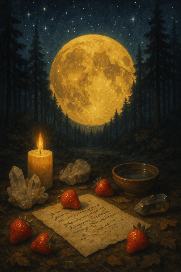 Image of the Strawberry Full Moon, a spell book, clear quartz crystals and strawberries. Join me as we celebrate the Full Moon with a little witchcraft and crystal healing SpookyMrsGreen.com spooky family lifestyle blog.