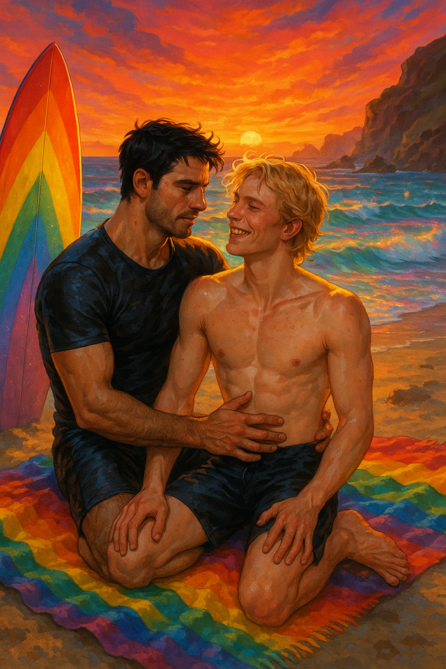 Colourful image for Pride Month with a rainbow surf board and two men sitting on a beach together. Gay pride. Bisexual pride. British paranormal author Catherine Green, vampire writer of urban fantasy books and werewolf fiction. Redcliffe Novels paranormal menage series set in Cornwall, England. Polyamory romantasy adventures, sapphic fiction and vampire hunter quests.