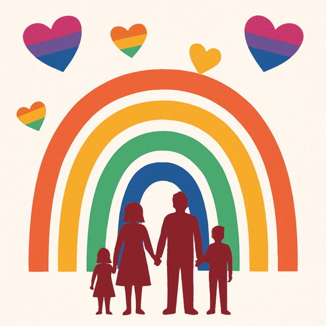 Image of a Pride rainbow and bisexual pride hearts with a silhouette of a family including mum, dad, girl and boy. Pride flag. Bisexual pride flag. Mummy Monday: Supporting My LGBTQ+ Family with Love and Pride at SpookyMrsGreen.com spooky family lifestyle blog.