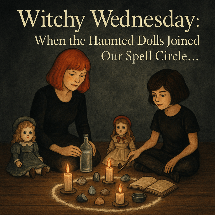 Spooky image of Catherine and her daughter sitting in a magical circle with haunted dolls, candles, crystals, a salt circle, magical tools and spell crafting supplies. Witchy Wednesday: A Little Moon Magic and a Surprise Spirit Encounter at SpookyMrsGreen.com spooky family lifestyle blog.