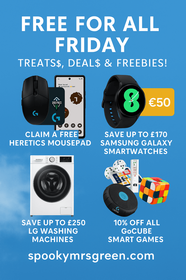 Image of washing machine deals, gaming tech deals, home appliances, Google Pixel 9, Samsung Galaxy smart watch and Go Cube affiliated with SpookyMrsGreen.com spooky family lifestyle blog. Free for all Friday features.