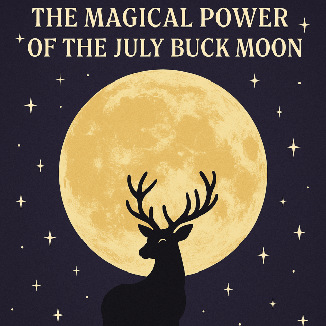 Image of a stag standing proud beneath the July full moon. Text reads, “The Magical Power of the July Buck Moon.” Witchy Wednesday at SpookyMrsGreen.com spooky family lifestyle blog.