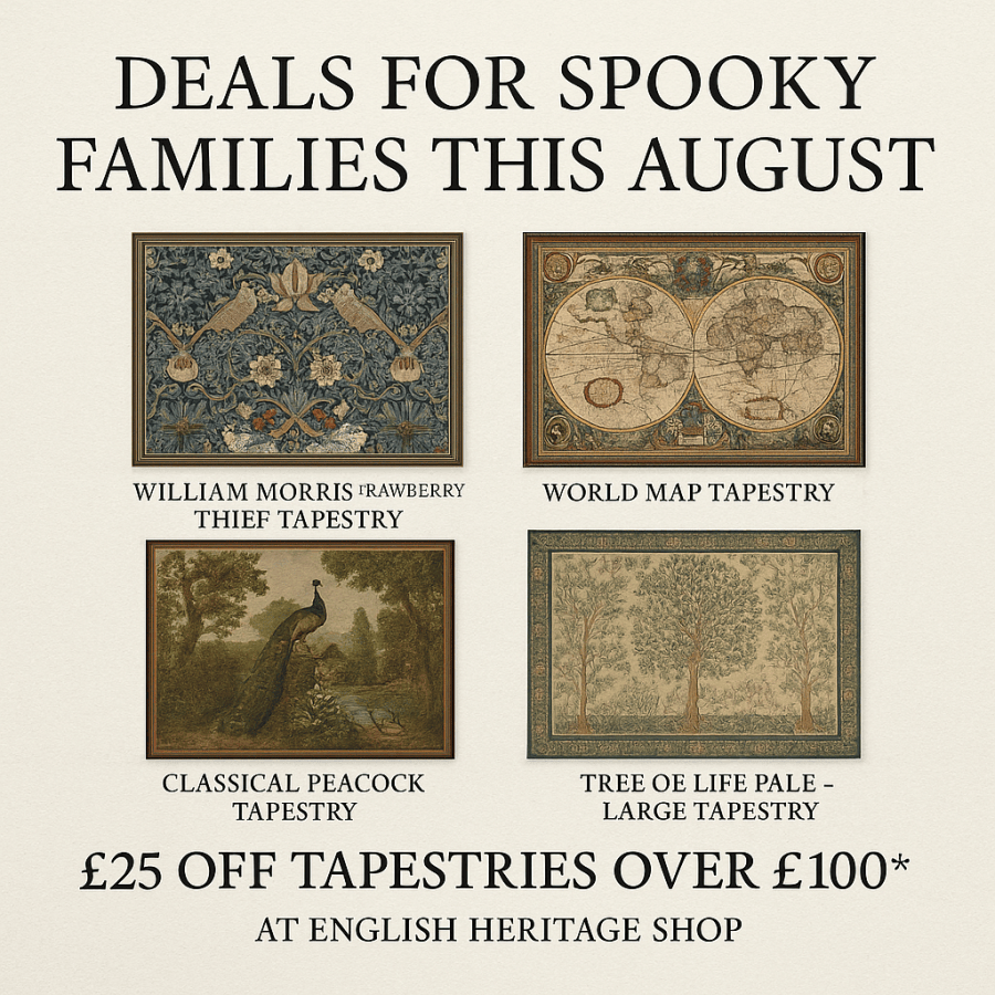 Text reads “Discover the best deals for spooky families this August. Images of tapestry designs from English Heritage Shop. Free for All Friday UK pagan family pagan mom at SpookyMrsGreen.com spooky family lifestyle blog.