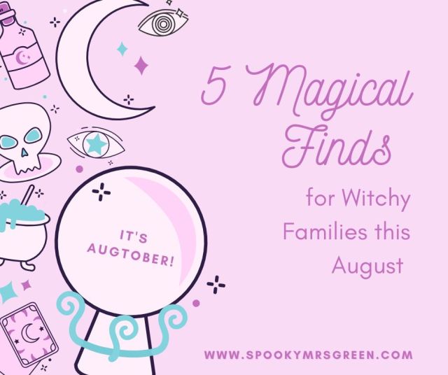Cute spooky image celebrating Augtober early Halloween. Free for All Friday best witchy gifts UK pagan family pagan mom at SpookyMrsGreen.com spooky family lifestyle blog.