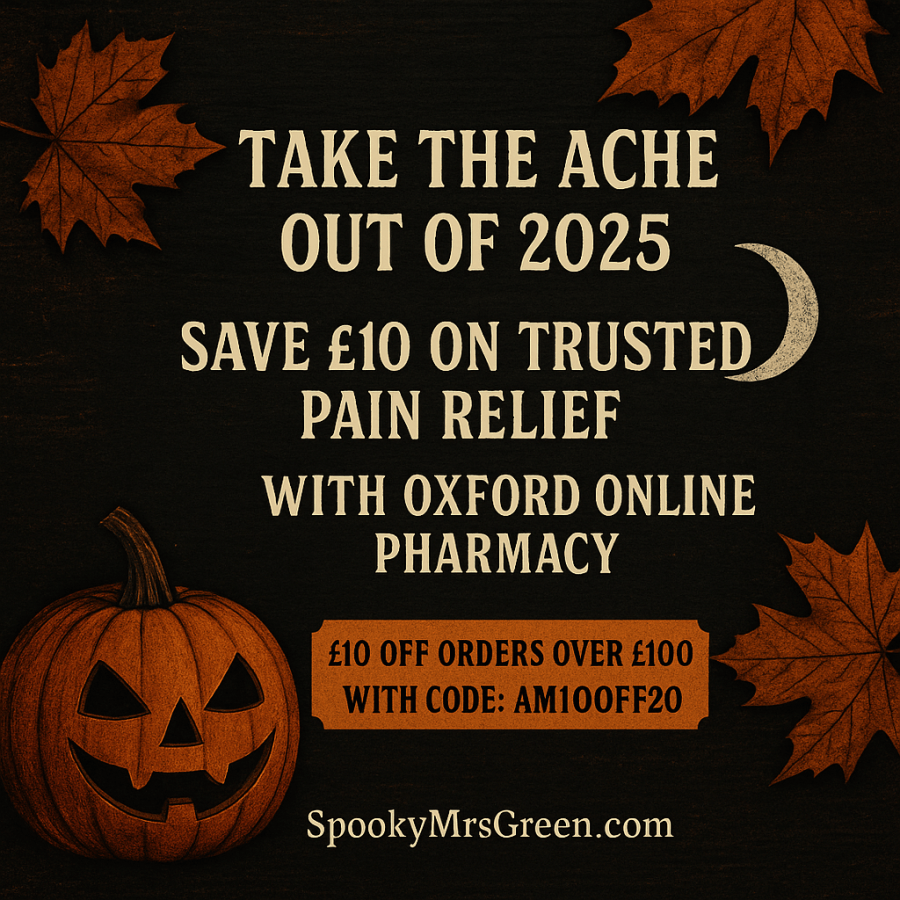 Spooky gothic image of a Halloween pumpkin and autumn leaves in seasonal fall colours. Text reads Take the ache out of 2025 save on trusted pain relief with Oxford Online Pharmacy. Free for All Friday UK pagan family pagan mom at SpookyMrsGreen.com spooky family lifestyle blog.