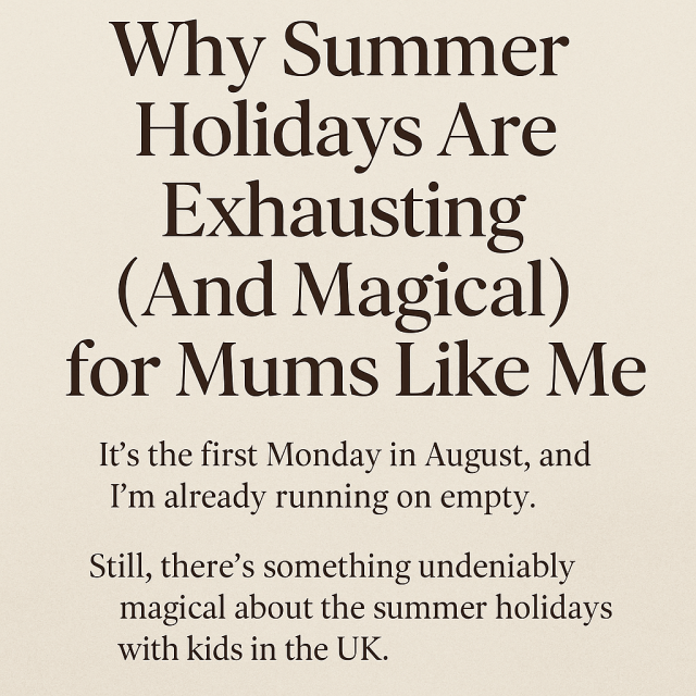 Text reads Why Summer Holidays Are Exhausting (And Magical) for Mums Like Me. Learn how to manage Summer holidays for kids UK pagan family pagan mom at SpookyMrsGreen.com spooky family lifestyle blog.