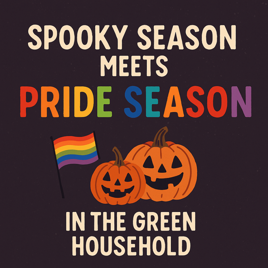 Cute spooky image of pumpkins and pride flags. Text reads, “Spooky season meets Pride season in the Green household.” Free for All Friday pagan family pagan mom at SpookyMrsGreen.com spooky family lifestyle blog.