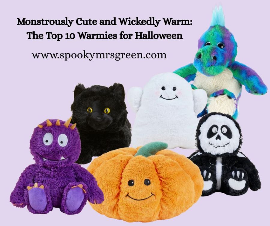 Cute cuddly image of Warmies Halloween themed plush toys. Top ten Warmies Halloween plush toys. British pagan family pagan mom at SpookyMrsGreen.com spooky family lifestyle blog.