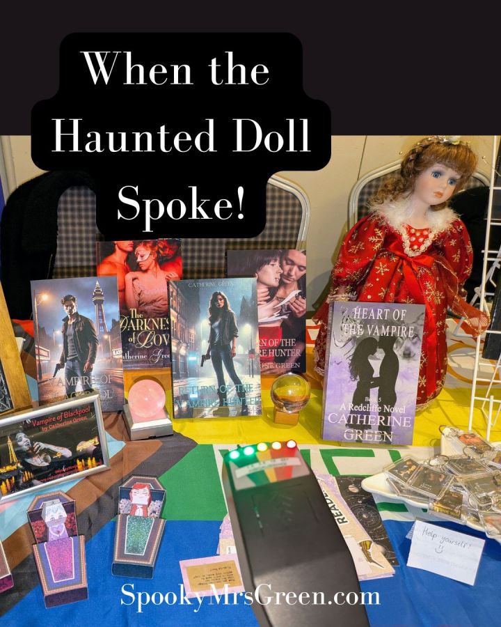 Mummy Monday When the Haunted Doll Spoke at the Book Extravaganza image of a haunted doll an EMF meter K2 meter and spooky books by paranormal author Catherine Green at Market Harborough Book Extravaganza at SpookyMrsGreen.com spooky family lifestyle blog.