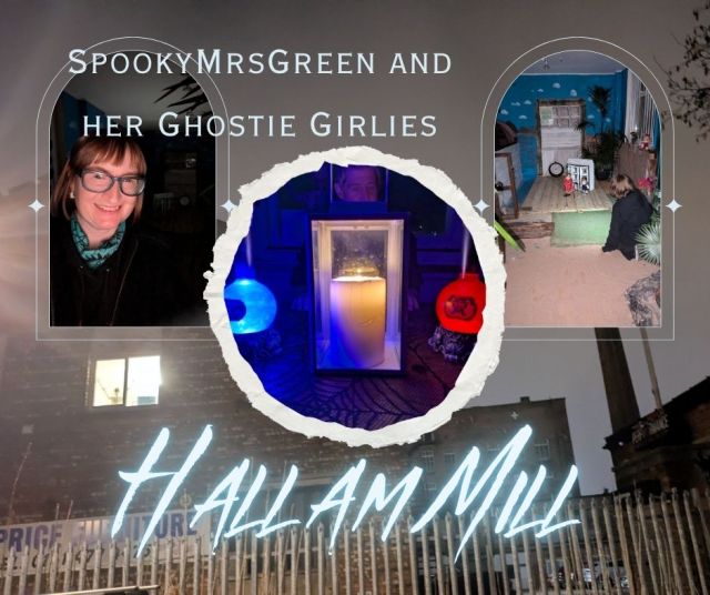 Spooky image of Hallam Mill in Stockport, a traditional séance with candle and potion bottles, Halloween Samhain theme. Ghost stories paranormal investigation. Witchy Wednesday pagan family pagan mom at SpookyMrsGreen.com spooky family lifestyle blog.