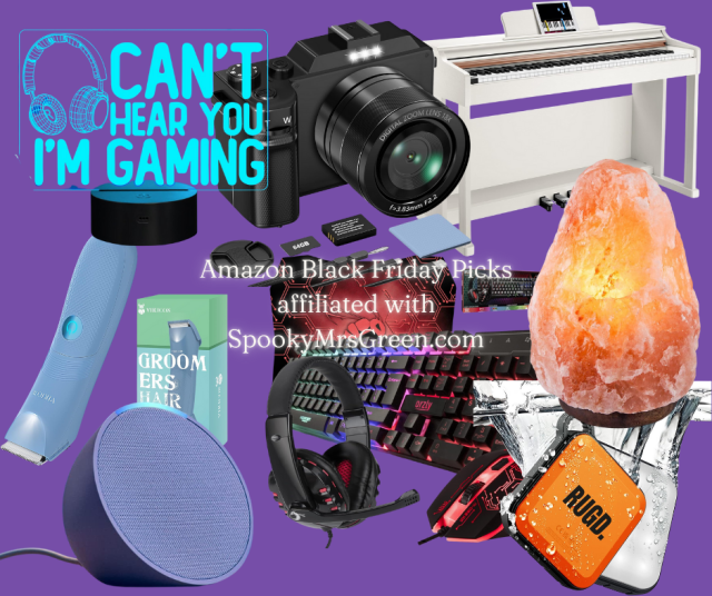 Colourful festive image of Christmas gift ideas from Amazon Black Friday Free for all Friday at SpookyMrsGreen.com spooky family lifestyle blog.