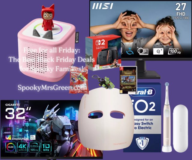 Colourful festive image of Christmas gift ideas from Currys this Black Friday. Free for all Friday at SpookyMrsGreen.com spooky family lifestyle blog.