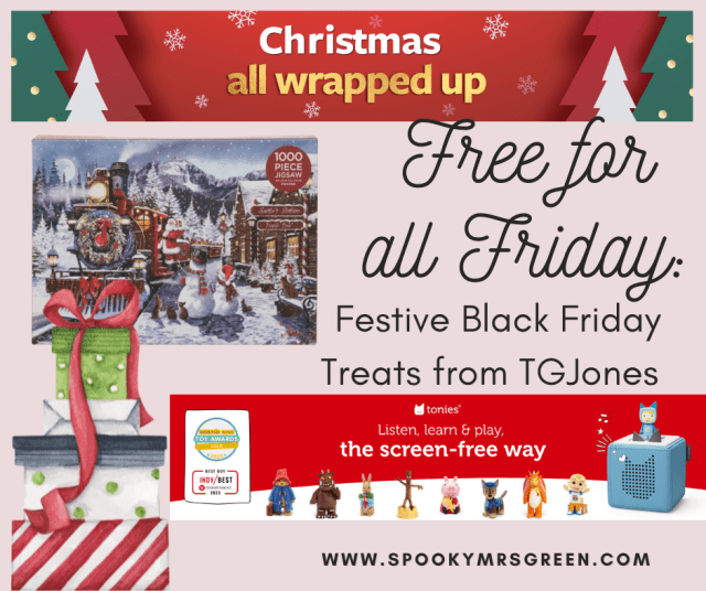 Colourful festive image of Christmas trees wrapped Christmas gifts, Tonies special offers, festive jigsaw puzzle from WHSmith TGJones Christmas shop. Free for all Friday at SpookyMrsGreen.com spooky family lifestyle blog.