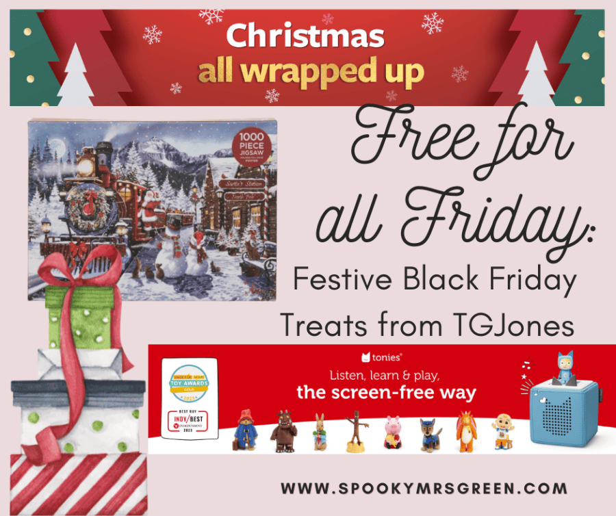 Colourful festive image of Christmas trees wrapped Christmas gifts, Tonies special offers, festive jigsaw puzzle from WHSmith TGJones Christmas shop. Free for all Friday at SpookyMrsGreen.com spooky family lifestyle blog.
