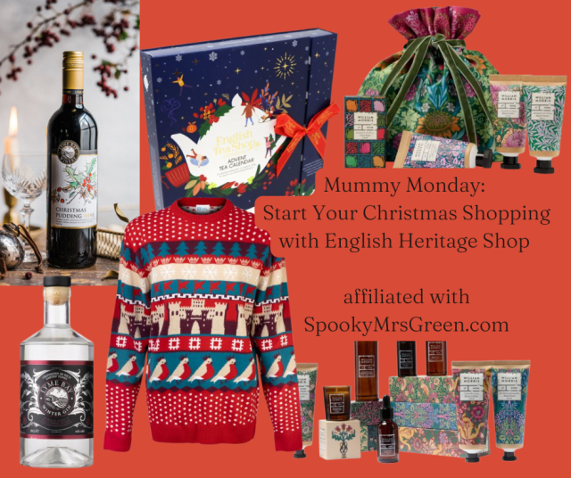 Colourful festive image of Christmas gifts from English Heritage Shop including William Morris beauty tools gift set, English Heritage adult Christmas jumper and English Tea Advent Calendar book affiliated with SpookyMrsGreen.com spooky family lifestyle blog.