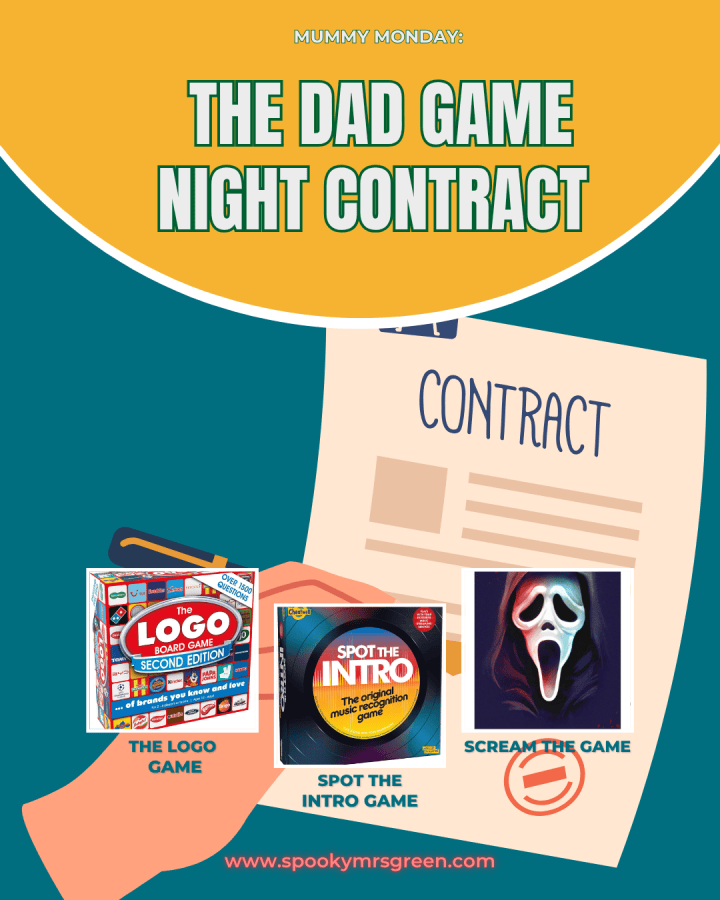 Colourful image of the Logo board game, Spot the Intro game and Scream the game for Mummy Monday blog post The Dad Game Night Contract at SpookyMrsGreen.com spooky family lifestyle blog.