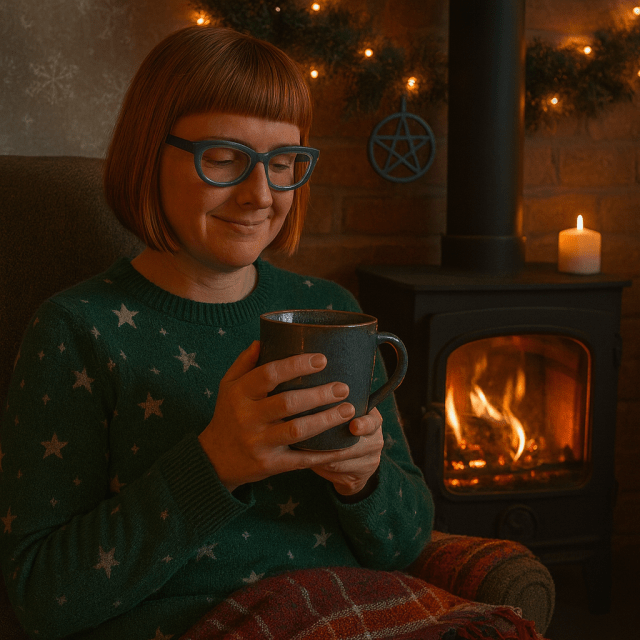 A cosy winter scene of Catherine “SpookyMrsGreen” relaxing by the fire with a mug of tea. She is wearing a festive Christmas jumper and there are Christmas decorations and a pentagram decoration behind her. Winter Wellness & Spooky Season Survival Free for all Friday pagan family pagan mom at SpookyMrsGreen.com spooky family lifestyle blog.