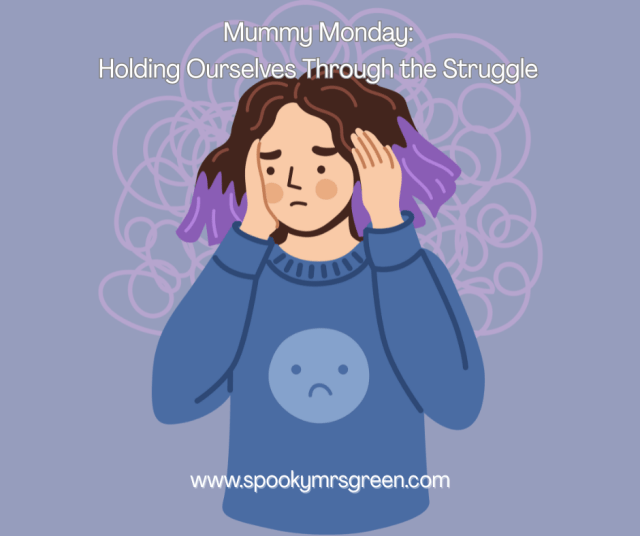 Image of a woman experiencing anxiety and stress with a sad face emoji on her sweater. Mummy Monday Holding Ourselves Through the Struggle at SpookyMrsGreen spooky family lifestyle blog.