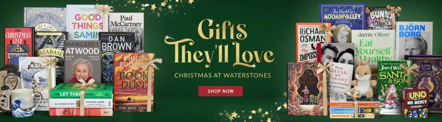 Colourful festive image of bestselling books 2025 Christmas book deals at Waterstones affiliated with SpookyMrsGreen.com.