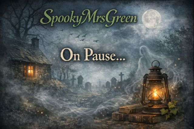 Image of a haunted house, lanterns, a cemetery and a full moon with clouds in the night sky.