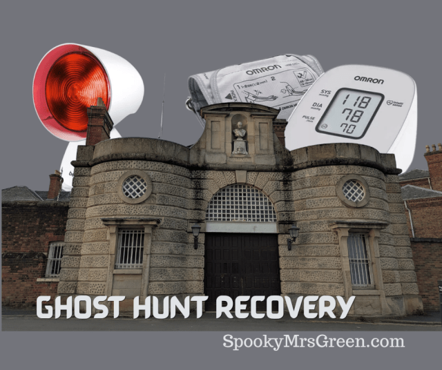 Image of Shrewsbury Prison main entrance old building heritage building. Image of heat lamp and blood pressure monitor from Currys affiliated with SpookyMrsGreen.com.