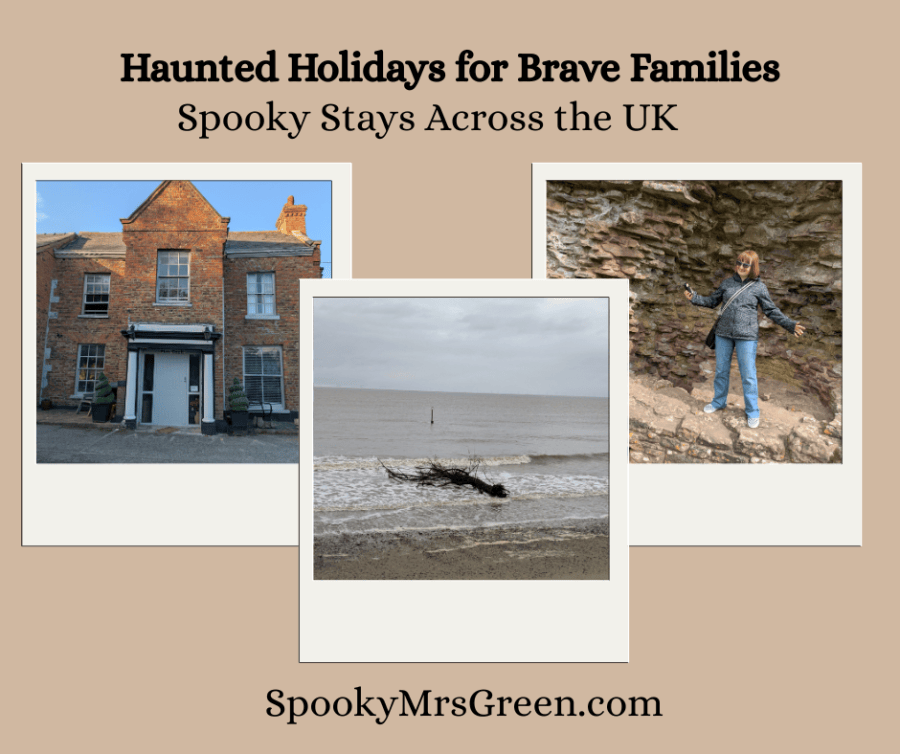 Image of a haunted house in North Wales, spooky seaside landscape with driftwood in the sea, and a woman holding an EMF meter standing in a castle ruin.