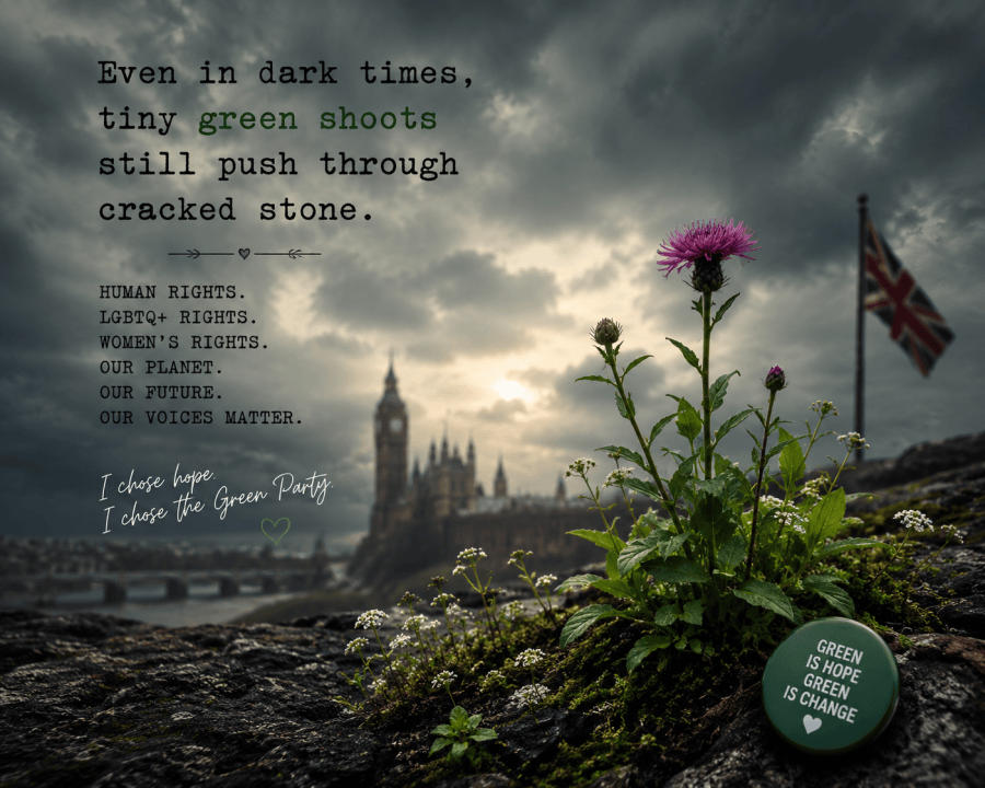 Image of green shoots growing through cracks in the hard ground. Image of Houses of Parliament. Badge representing the Green Party UK politics.