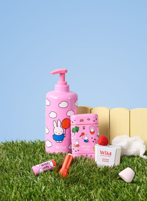 Image of deodorant case, deodorant refill, body wash and lip balm from Wild x Miffy collaboration