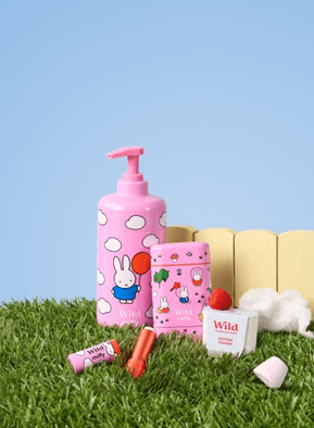 Image of deodorant case, deodorant refill, body wash and lip balm from Wild x Miffy collaboration