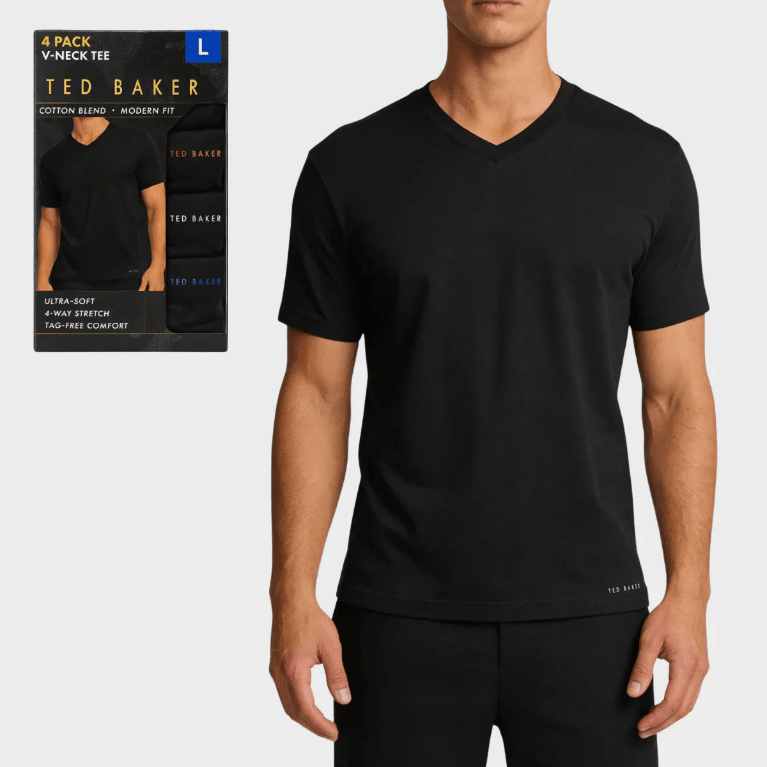 Image of a man wearing a black Ted Baker t-shirt from You Know Who's Men’s black Ted Baker 4Pk V Neck T-shirts