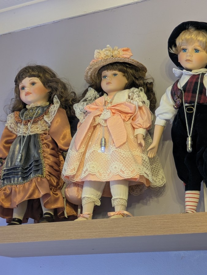 Image of haunted dolls on a shelf with lights flashing EMF activity Rempod activity paranormal investigation