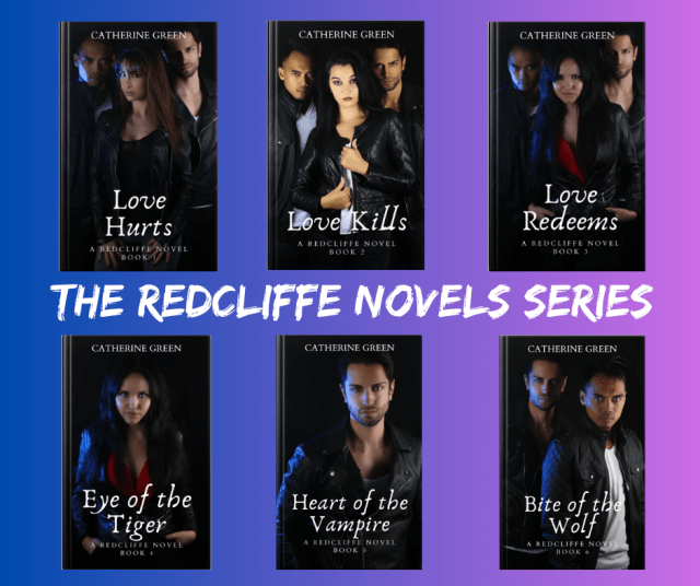 Image of book covers from the Redcliffe Novels paranormal menage series. MMF romance. Bisexual and gay romance. Gay werewolf romance. Paranormal author Catherine Green.