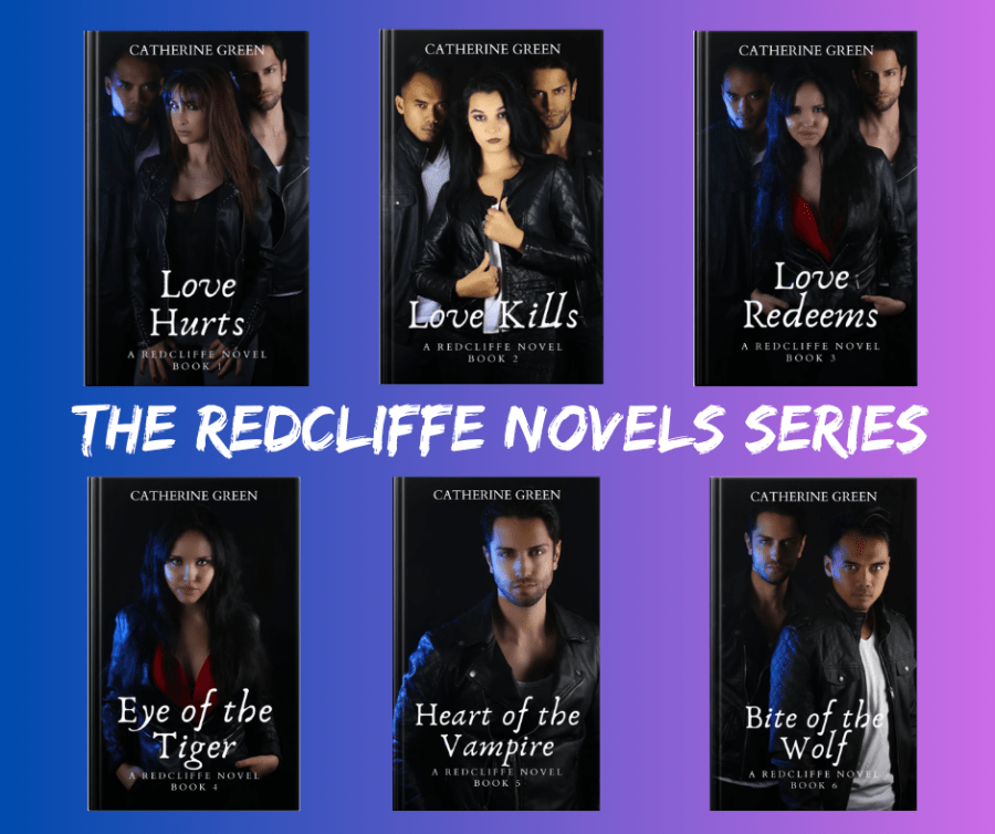 Image of book covers from the Redcliffe Novels paranormal menage series. MMF romance. Bisexual and gay romance. Gay werewolf romance. Paranormal author Catherine Green.