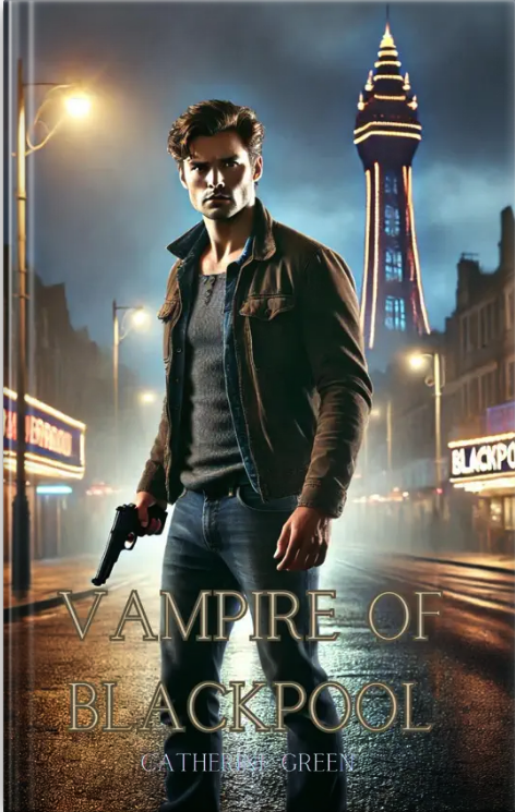 Book cover for British urban fantasy book “Vampire of Blackpool” by Catherine Green. Sapphic romance forbidden romance vampire hunter enemies to lovers trope morally grey.