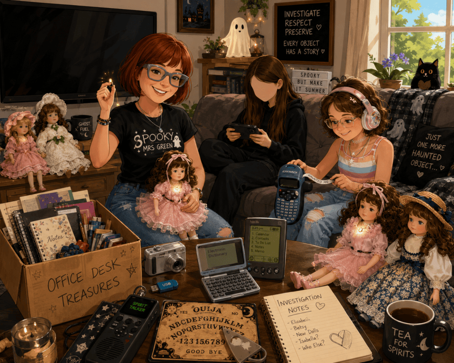 Image of spooky mom with her daughters unpacking house clearance treasure and using ghost hunting equipment including Ouija board, Spirit Talker app, EMF meter, ghost lights and cat balls. Haunted doll investigation. Spooky investigation with family treasures SpookyMrsGreen.