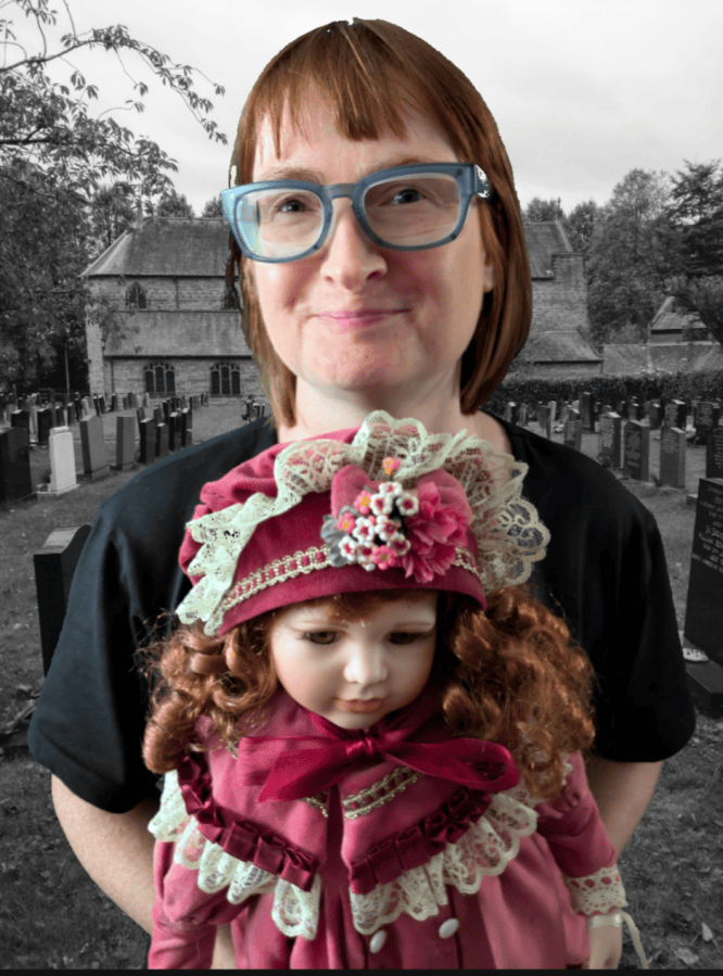 Image of paranormal author Catherine Green holding her haunted doll. You can see grave stones and a church in the background.